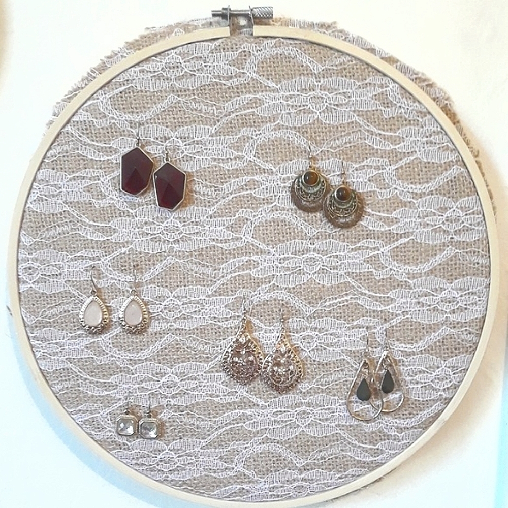 Handmade Wall White Lace Burlap earring holder and organizer, hardware included.